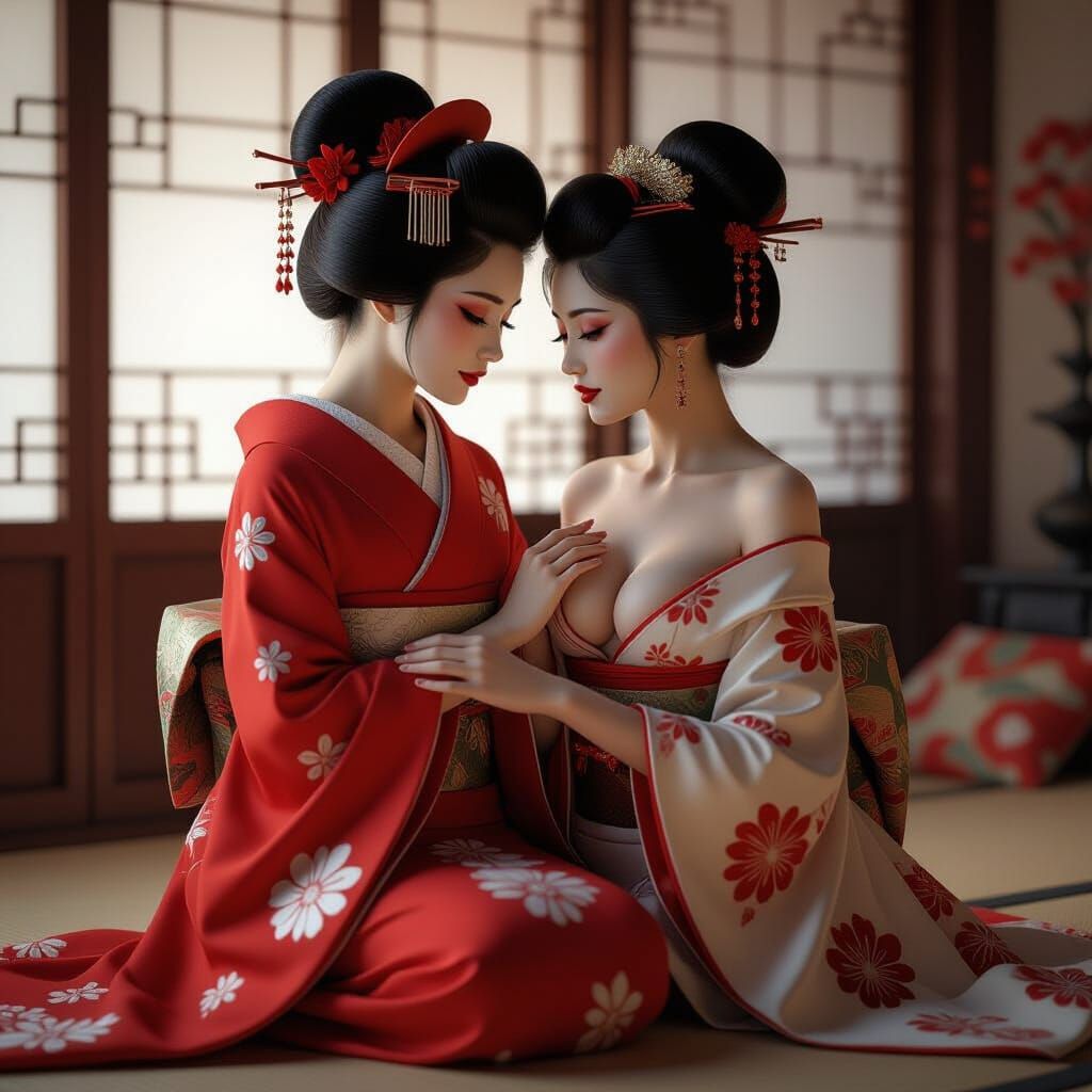 Forbidden Love: Geisha Seduction in Opulent Chamber
