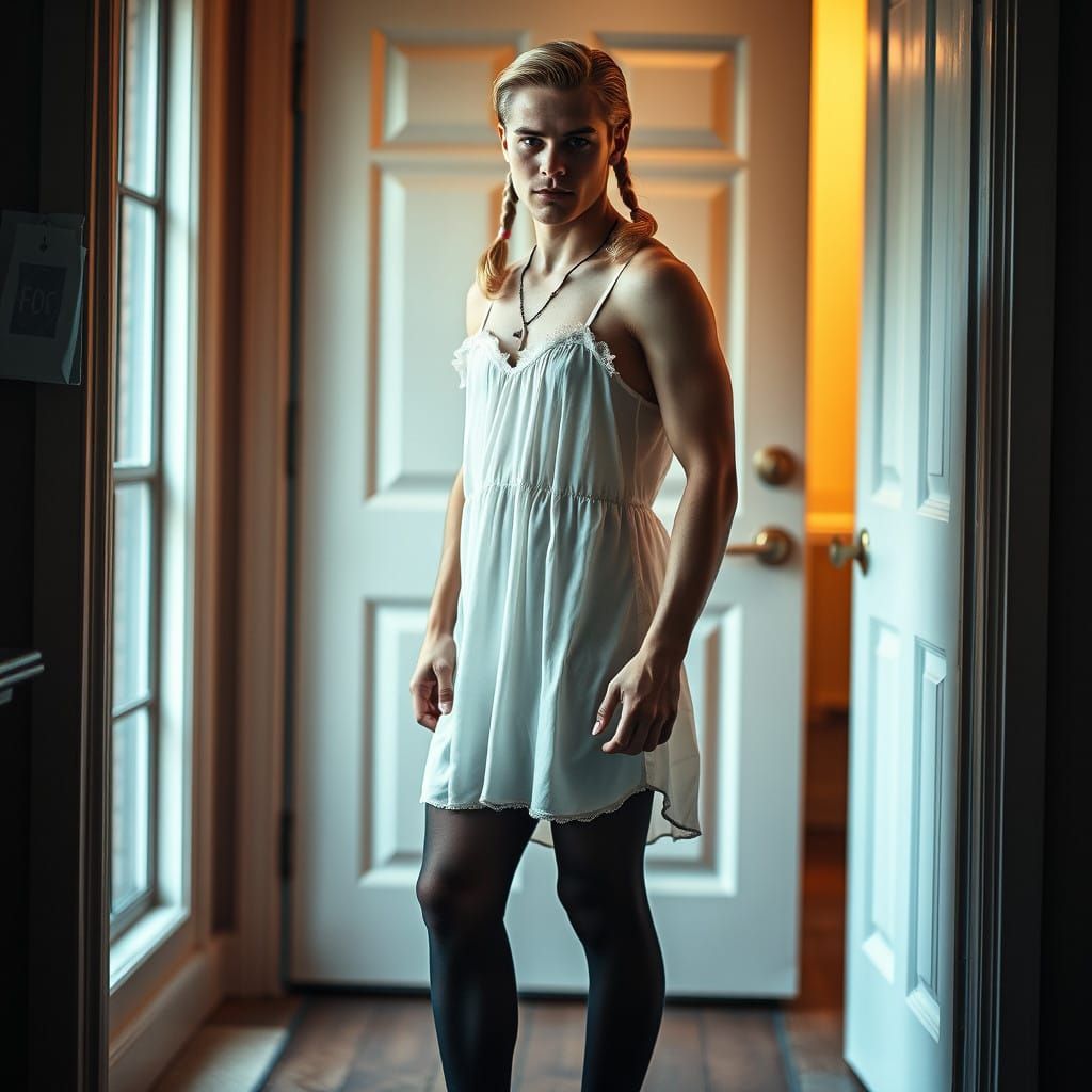 Confident Young Masculine Figure in Delicate Babydoll Nightg...