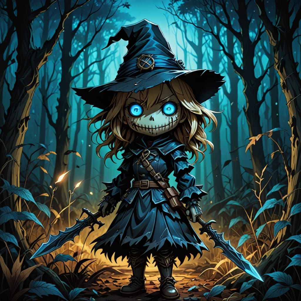 Chibi Nightmare Scarecrow in Dark, Mystical Forest