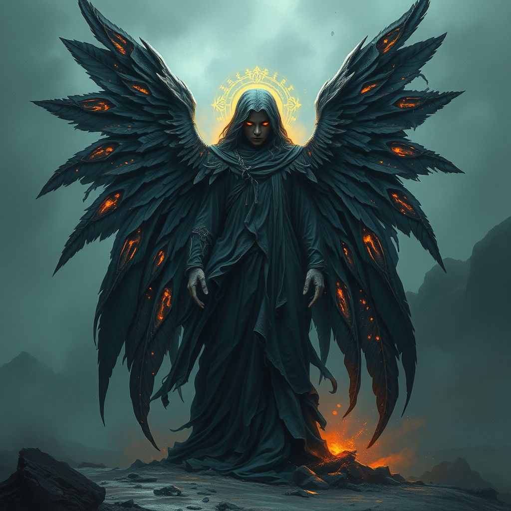 Majestic Fallen Angel in Ethereal Landscape