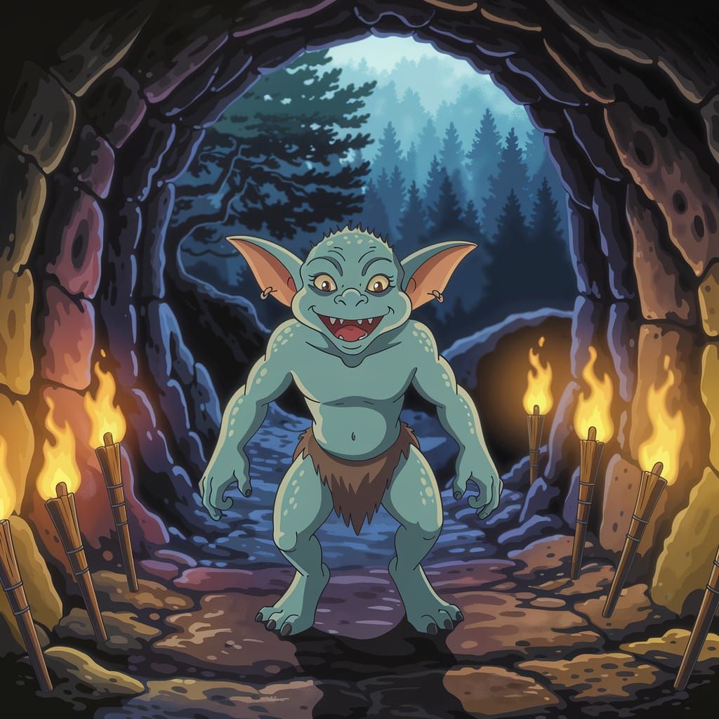Goblin Standing at Cave Entrance in Anime-Style