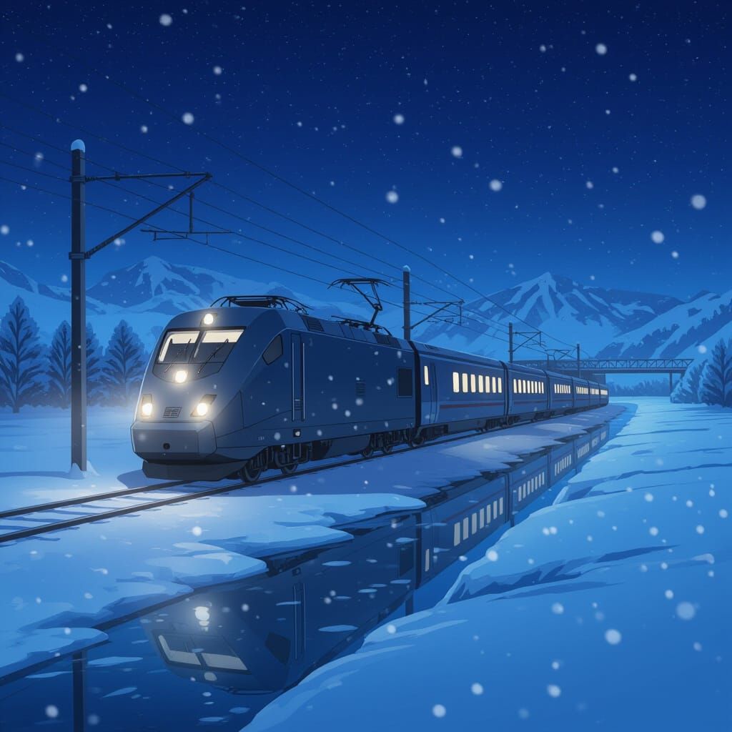Anime Train Speeds Through Snowy Night Landscape