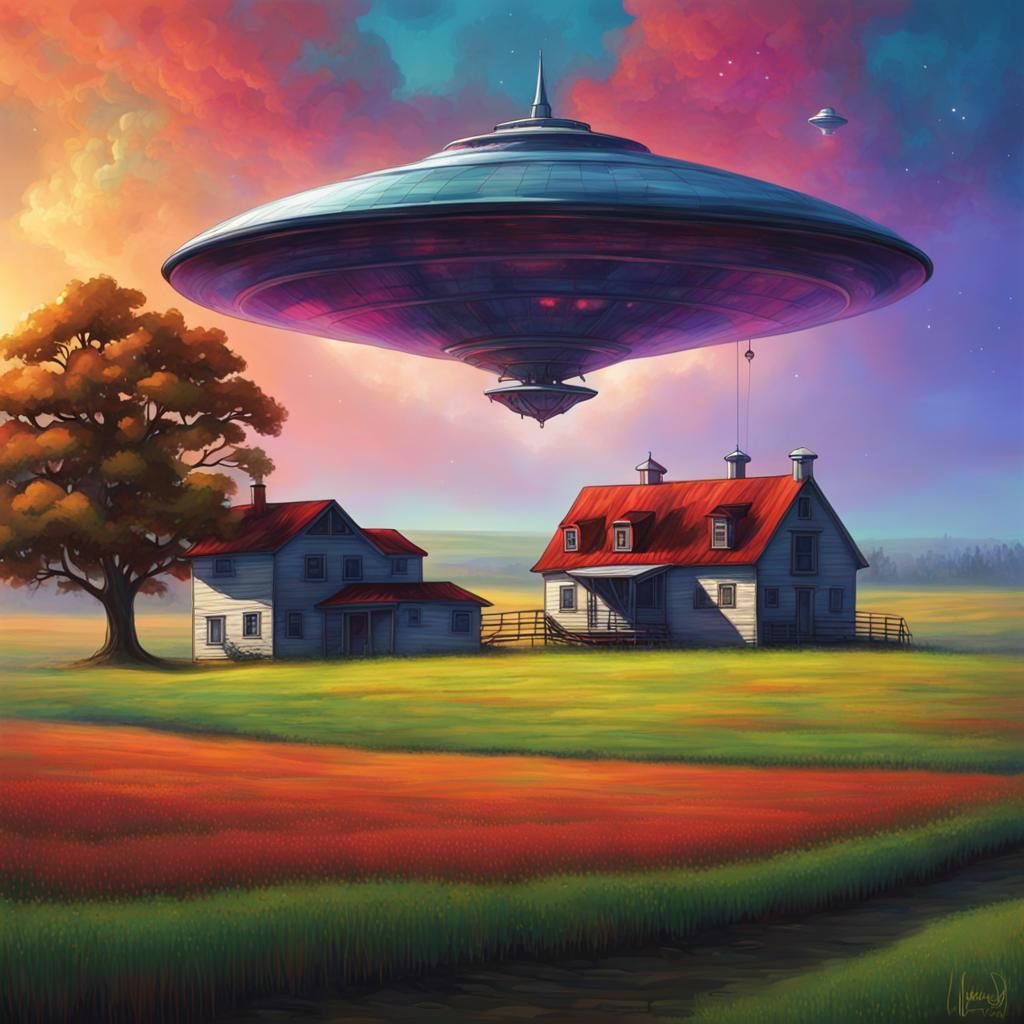 Colorful Alien Spaceship Over Farmhouse Landscape
