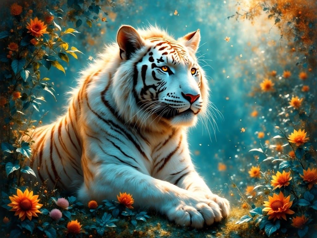 Majestic White Tiger in Ethereal Fantasy Landscape
