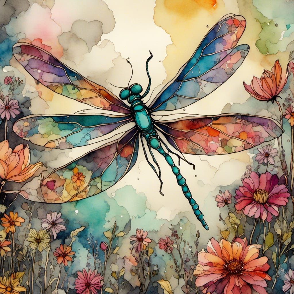 Steampunk Dragonfly in Colorful Flowers with Digital Ink