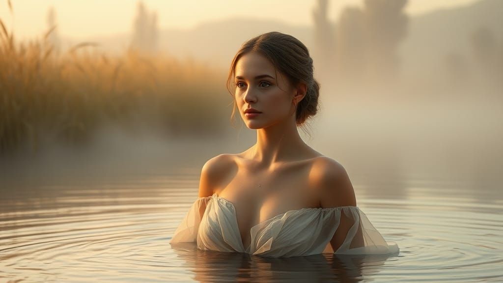Ethereal Woman in River at Dawn: Classical Realism