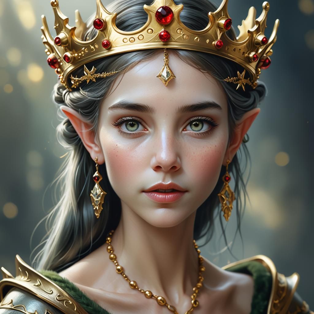 Elegant Elf Woman in Golden Crown - Hyperrealistic Portrait