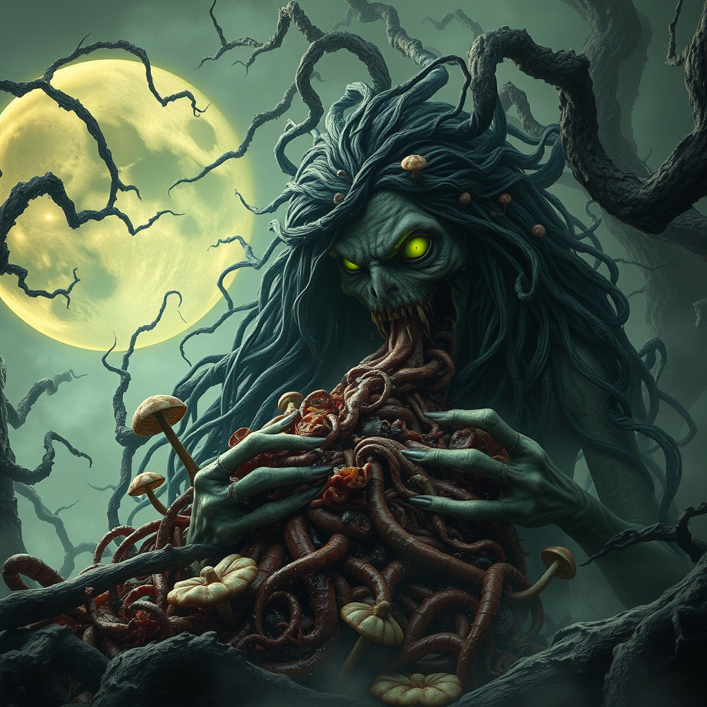 Grotesque Witch Gluttony in Dark Fantasy Style