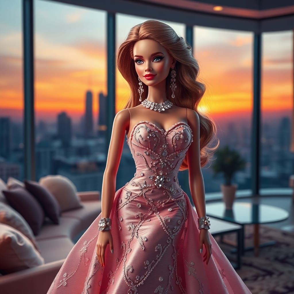 Barbie Portrait in Evening Gown with Cityscape