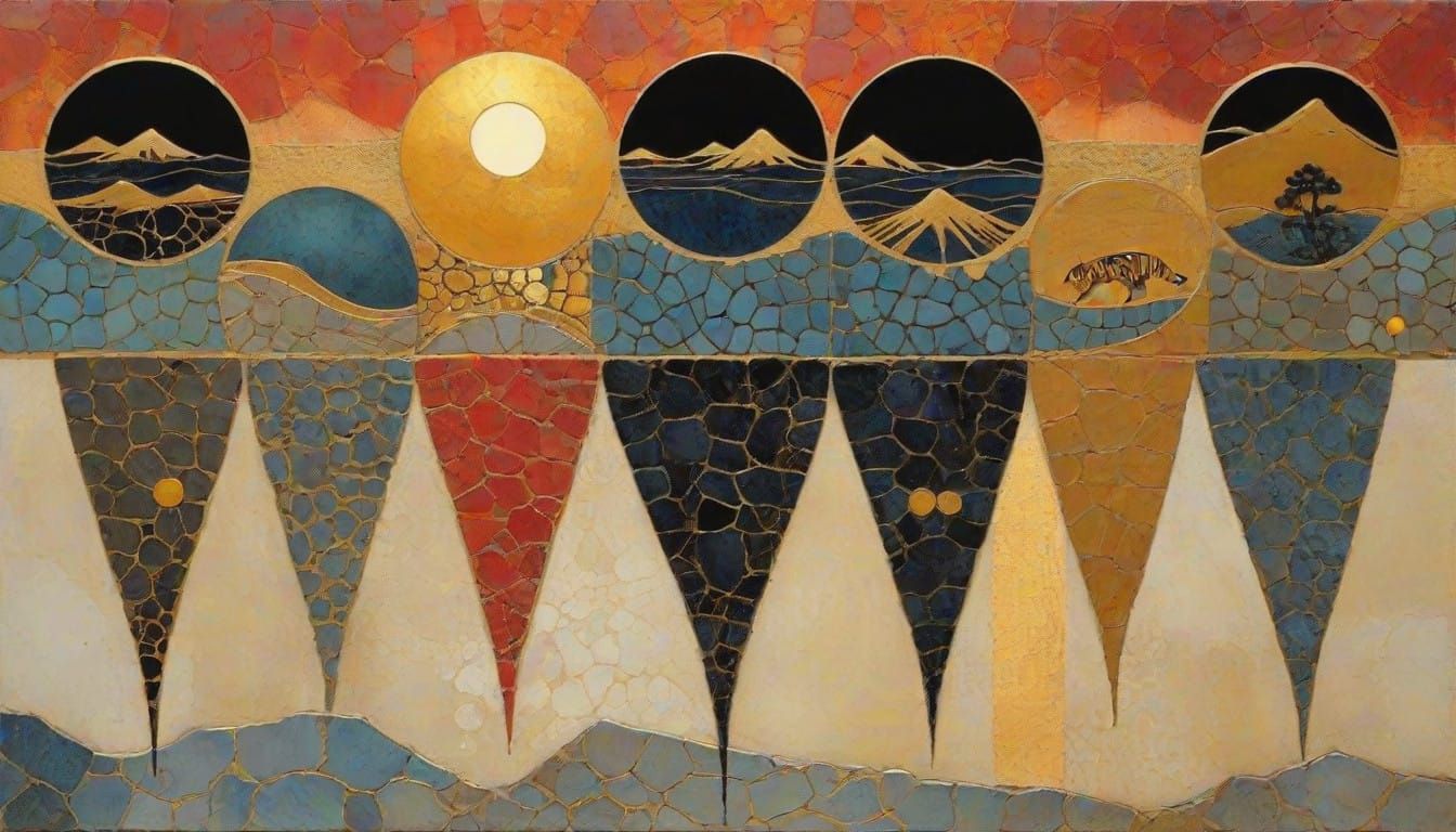 Tiger Sunset in Vibrant Ochre and Carmine Colors with Impast...