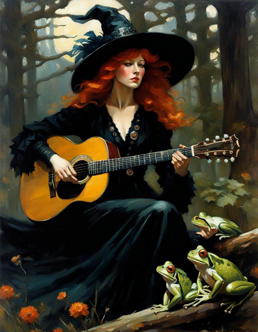 Redhead Witch Plays Guitar: Oil Painting Portrait
