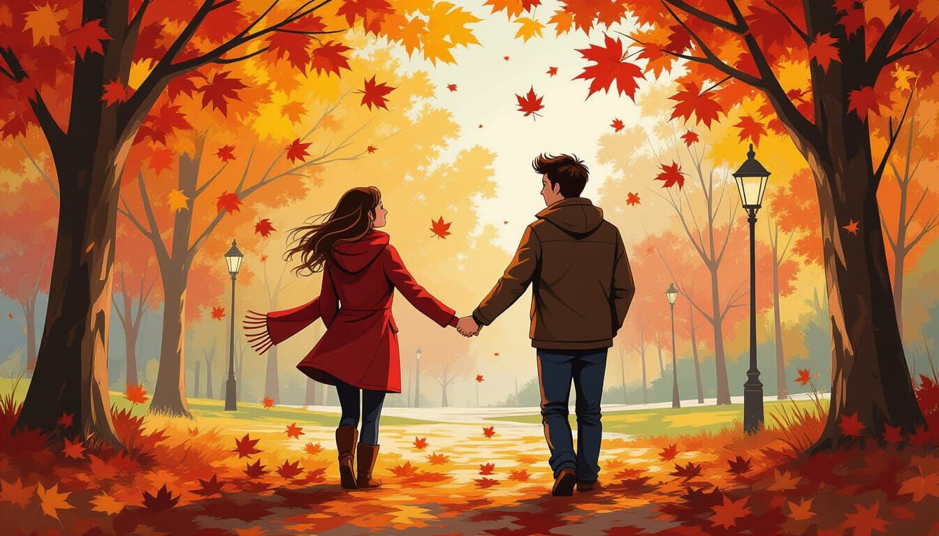 Couple Holding Hands in Autumn Maple Leaf Park