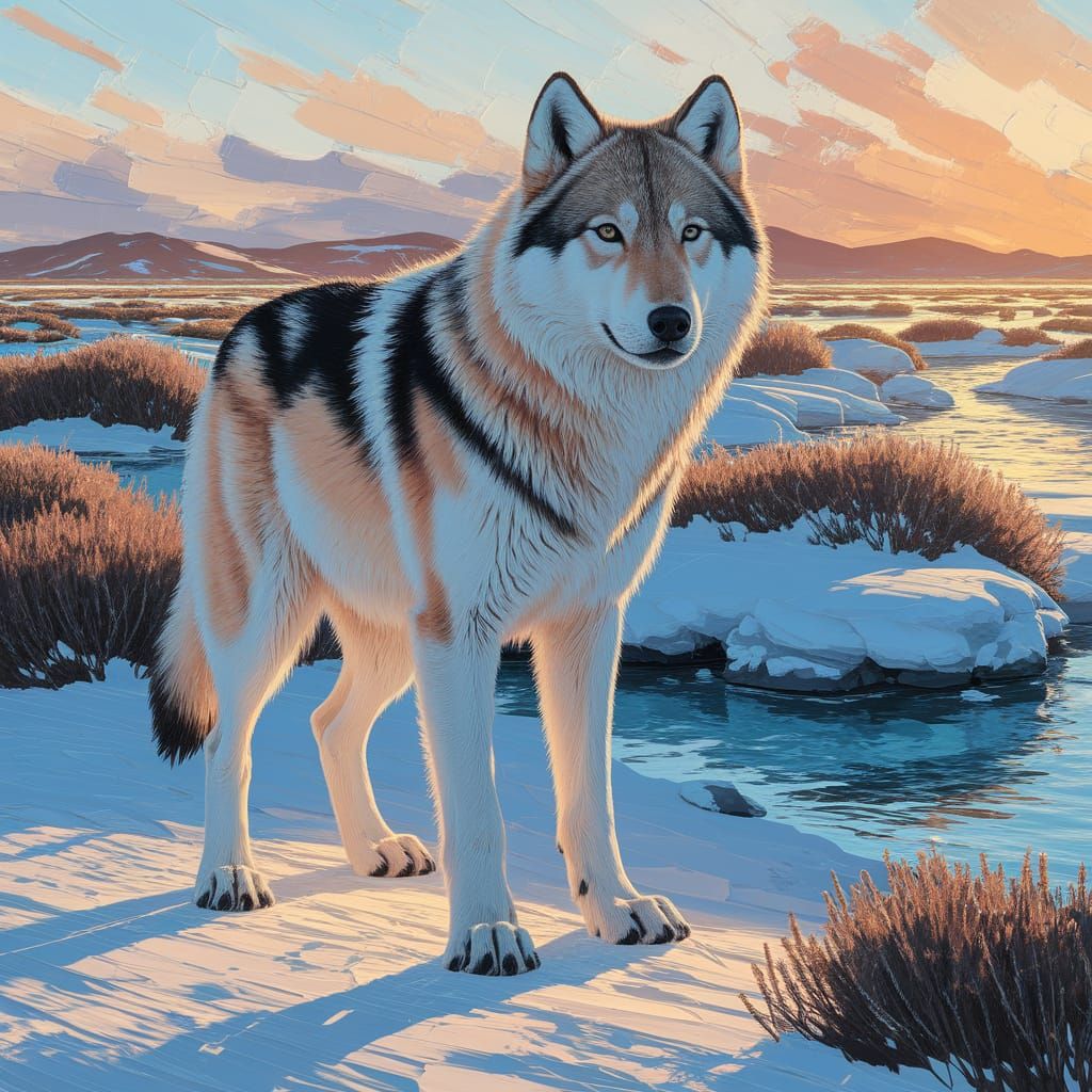 Arctic Wolf in Tundra as Impasto Painting