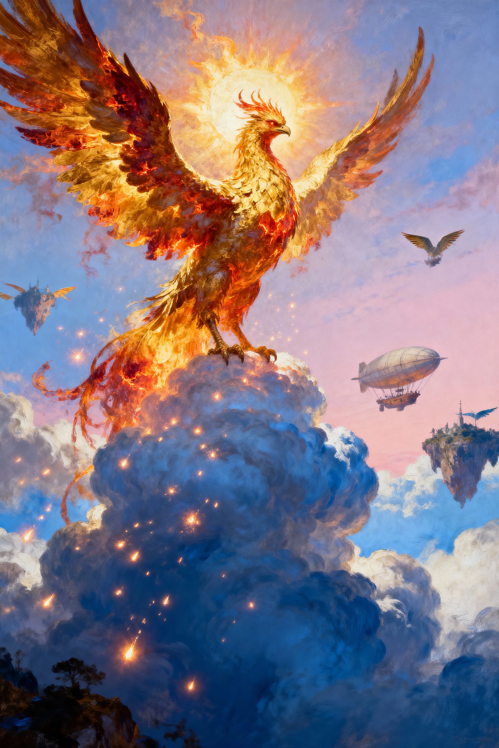 Solar Phoenix Rises from Cloud in Fiery Oil Painting