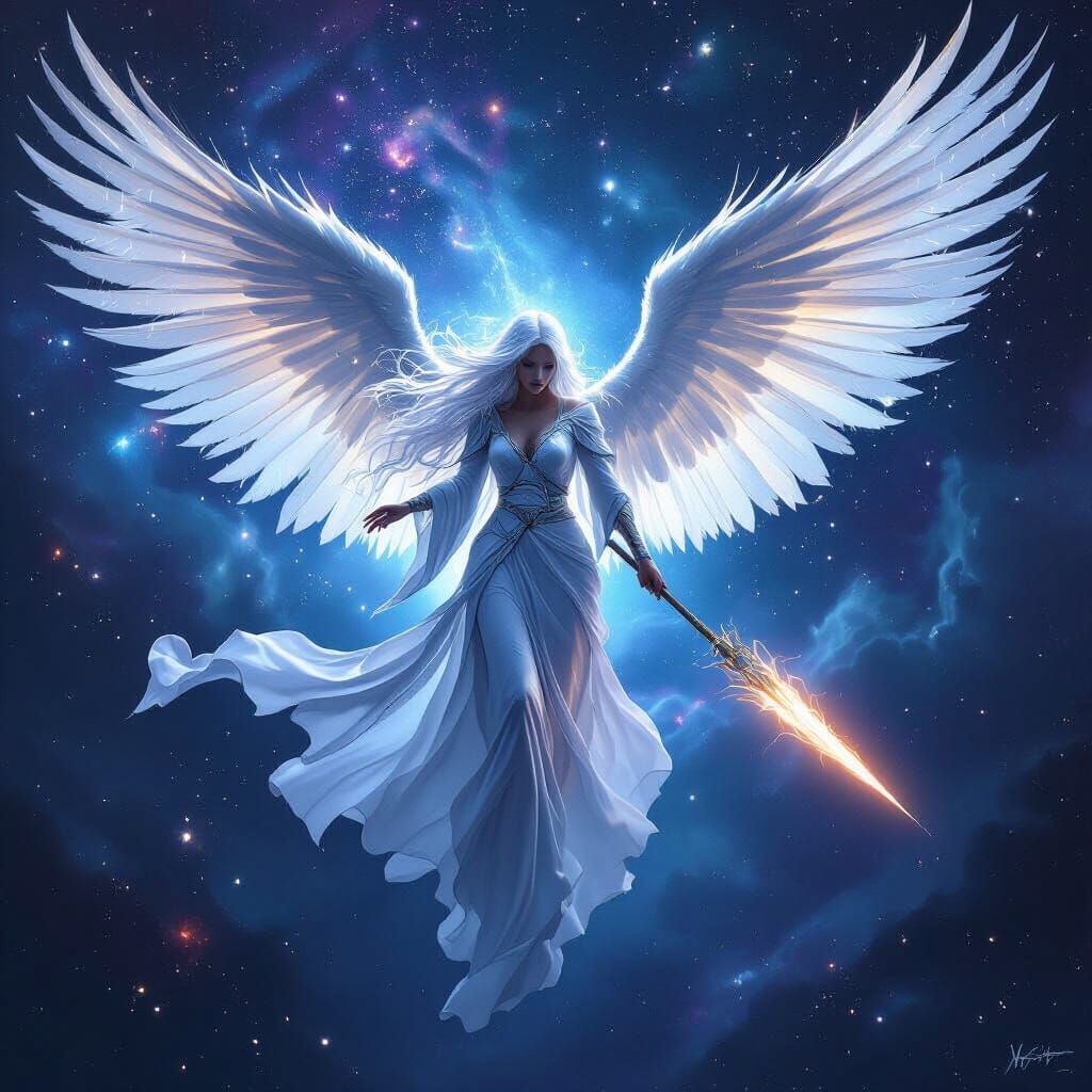 Angel Descends Through Nebula with Glowing Spear