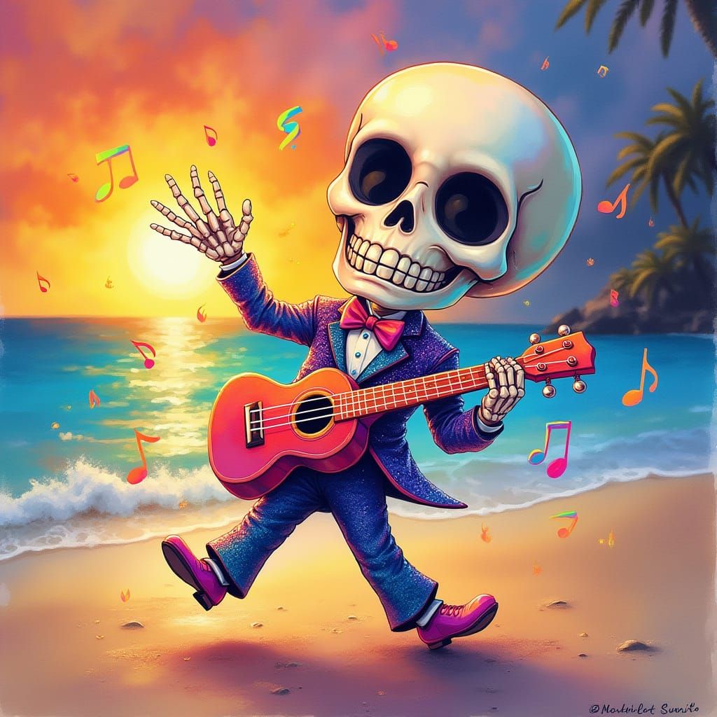 Chibi Skeleton Rocks the Beach in Vibrant Watercolor