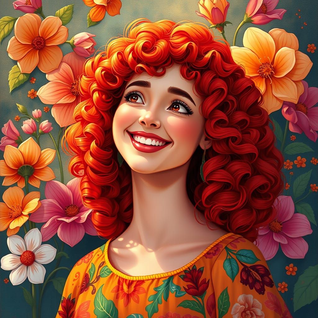 Redhead Surrounded by Flowers in Art Nouveau Style
