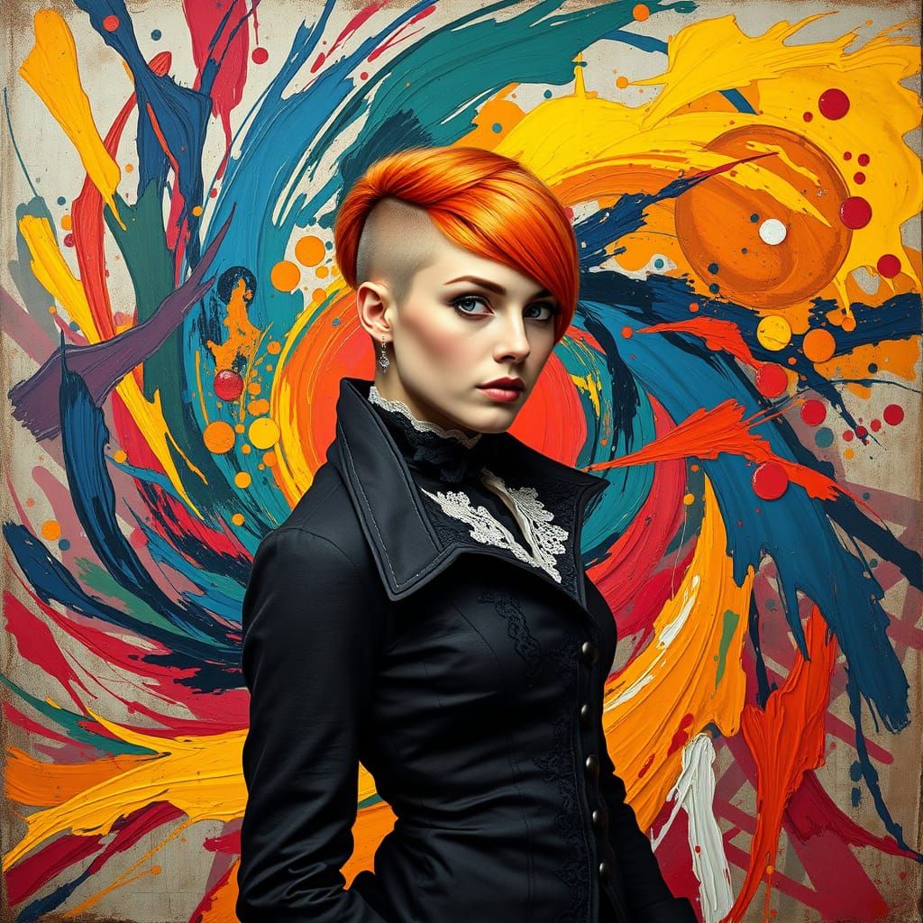 Steampunk Siren with Vibrant Orange Hair and Avant-Garde Fla...