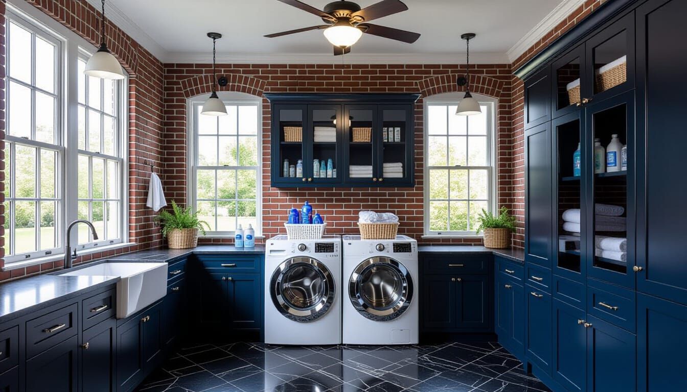 Victorian Laundry Room with Dark Blue and Brick Accents