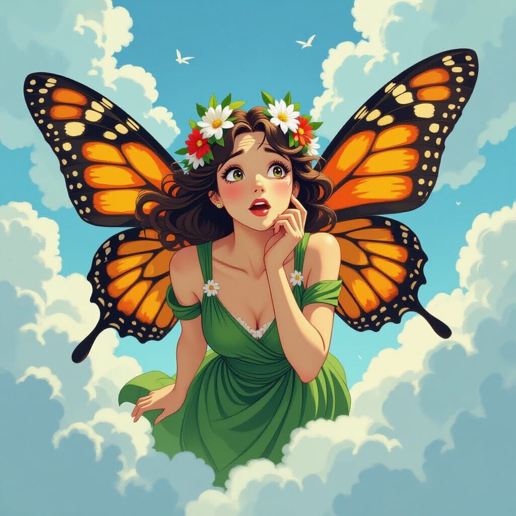 Butterfly Woman's Surprise in Impasto Anime Style