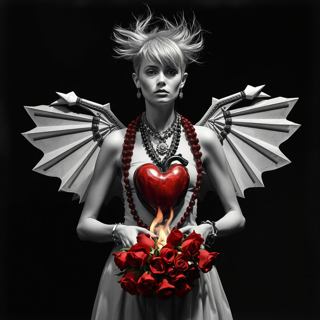 Avant-Garde Figure in Punk Fashion with Geometric Wings