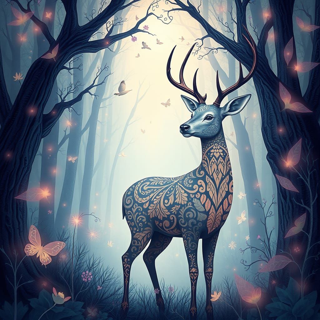 Mystic Deer with Filigree in Whimsical Forest