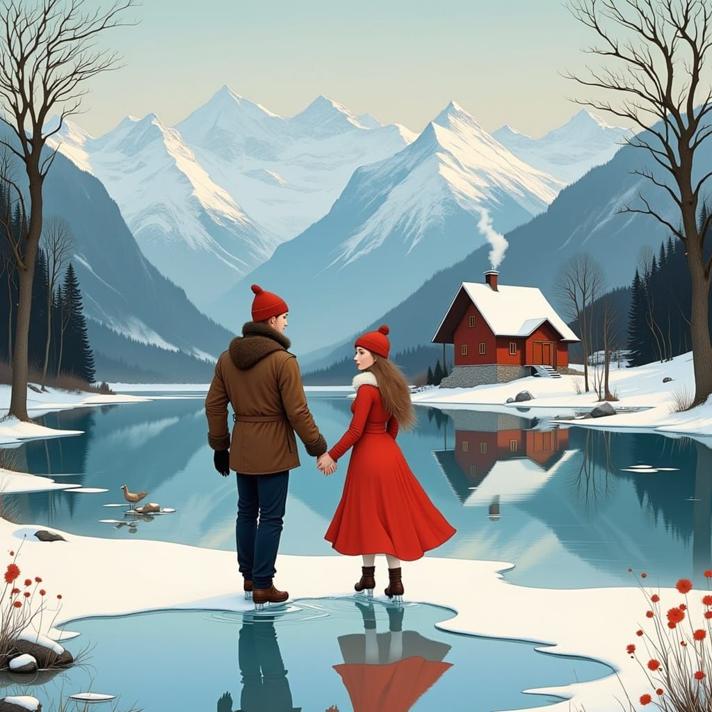 Winter Lake Skating Scene in Photorealistic Style