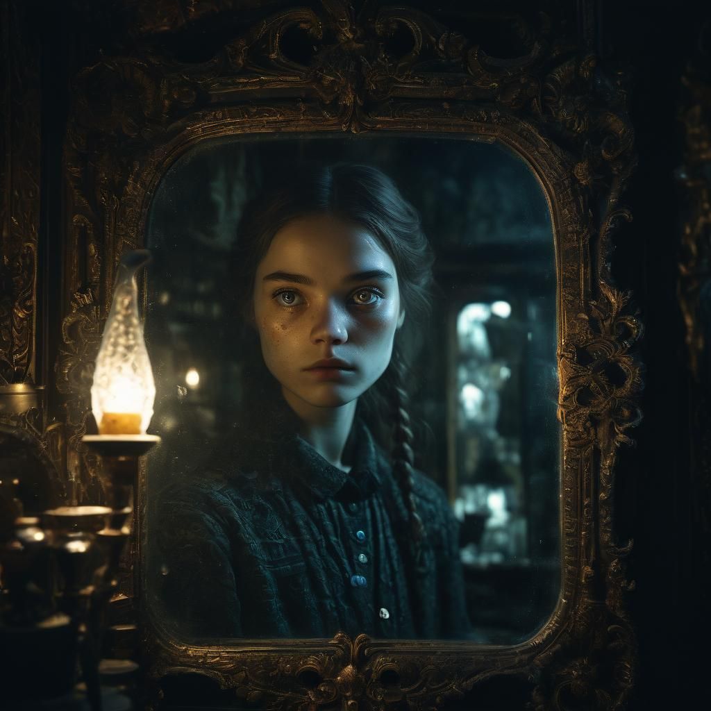 Eerie Double Exposure: Person Gazing into Antique Mirror