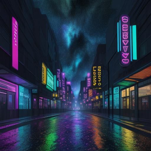 Vibrant Astral Cityscape Reflecting Rainbow Galaxy