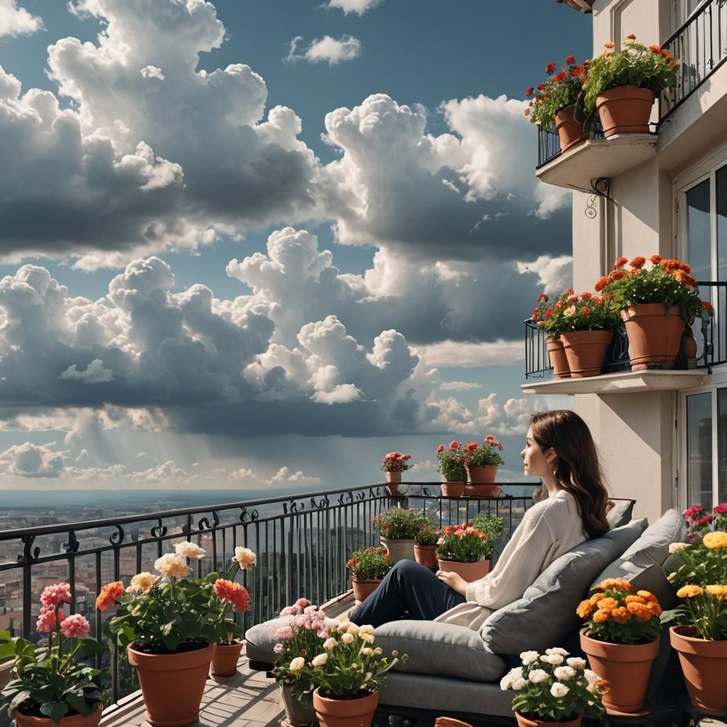 Woman Contemplates Clouds on Balcony with Flowers