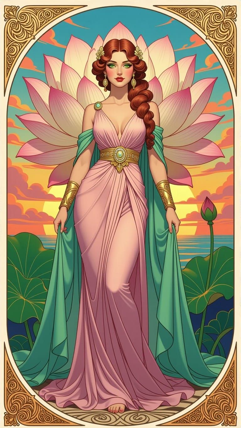 Greek Goddess Transformed into Lotus Flower in Vibrant Sunse...