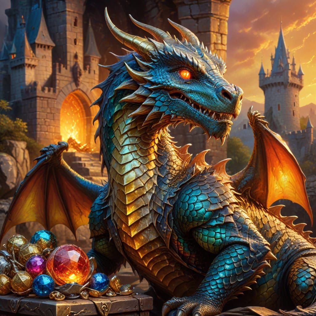 Old Dragon on Treasure Hoard: Fantasy Oil Painting