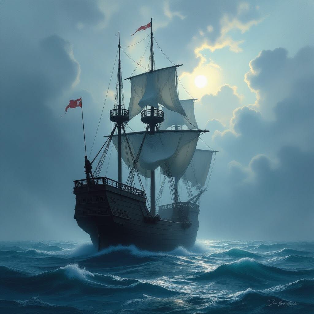 Spectral Galleon in Ethereal Clouds - Classical Oil Painting...