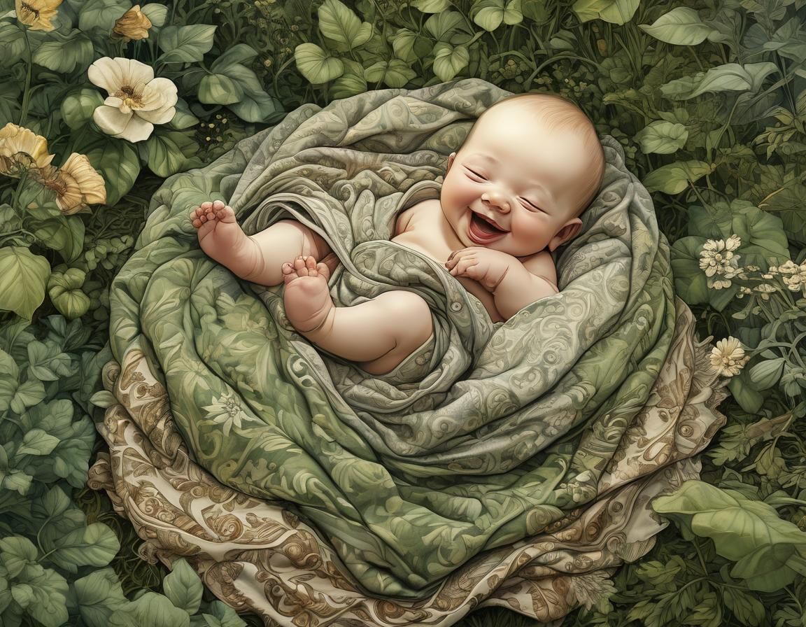 Laughing Baby in Garden, Whimsical Illustration