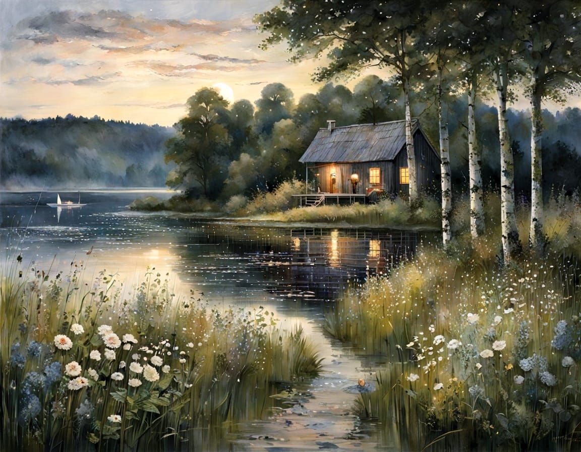 Swedish Midsummer Lake Scene in Dreamy Watercolors