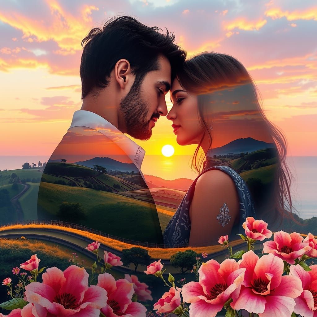 Dreamy Digital Watercolor of Eternal Love in Sunset Glow