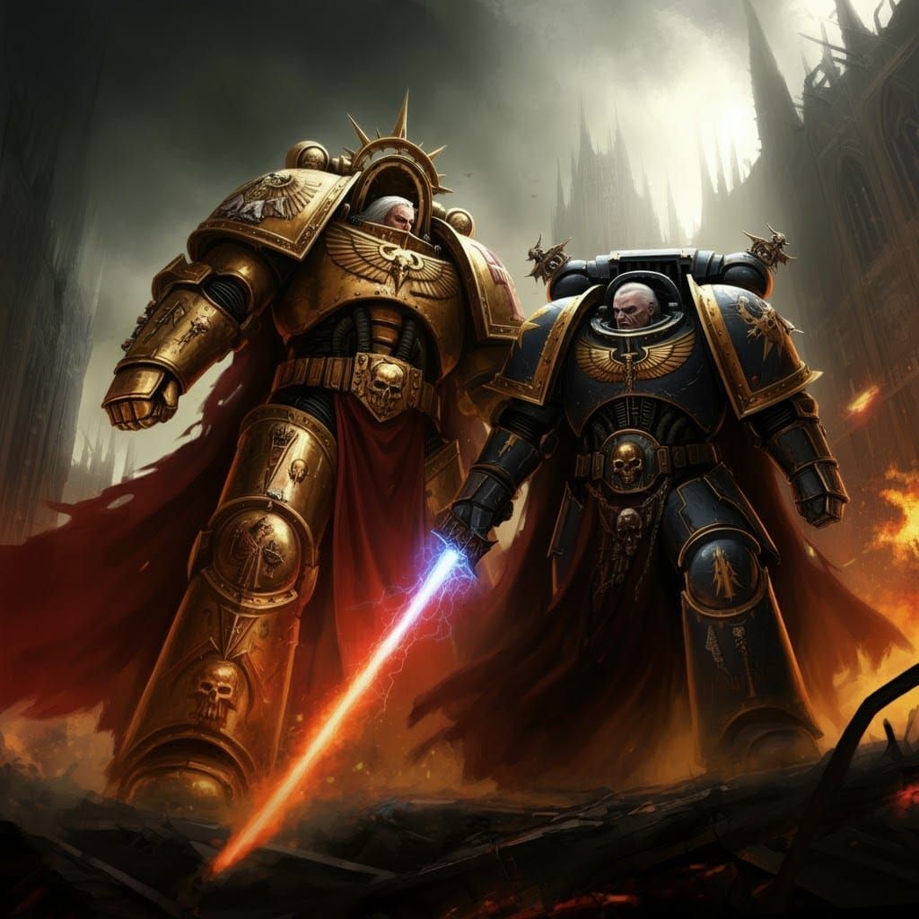 Emperor Battles Horus in Grimdark Imperial Cityscape