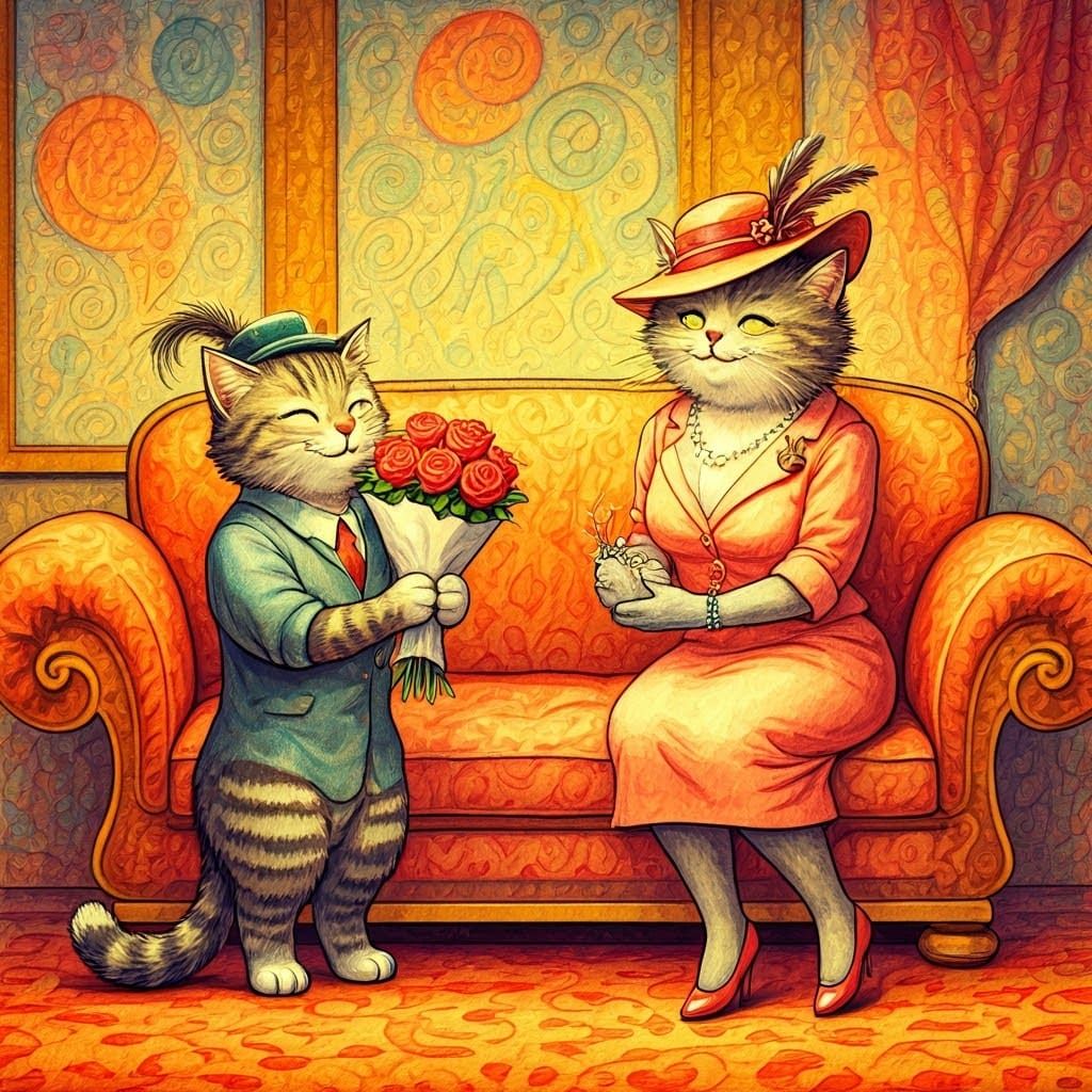 Vintage Whimsical Cat Illustration with Roses and Elegant Mo...