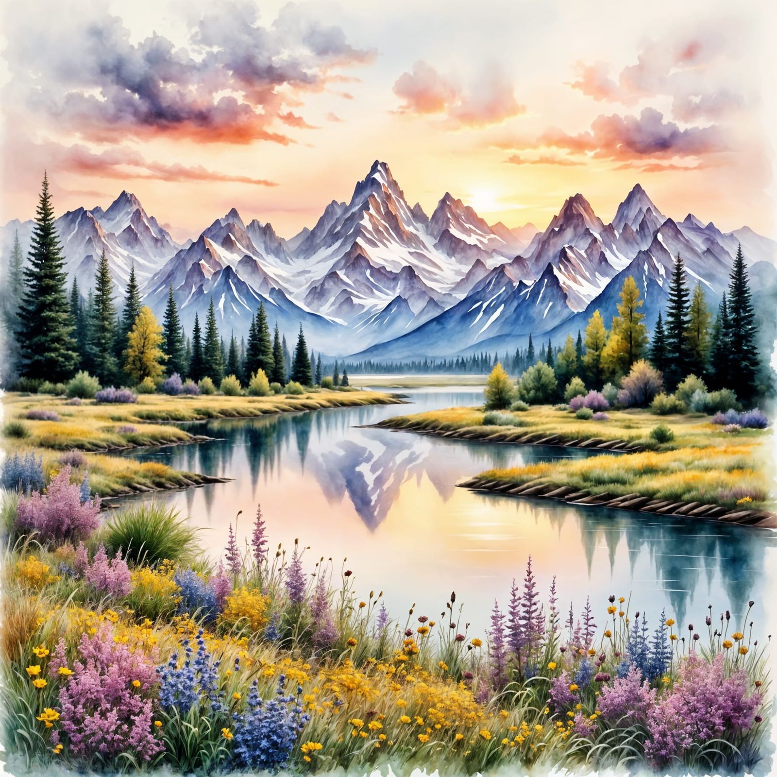 Ethereal Sunrise Over Majestic Peaks in Antique Watercolor