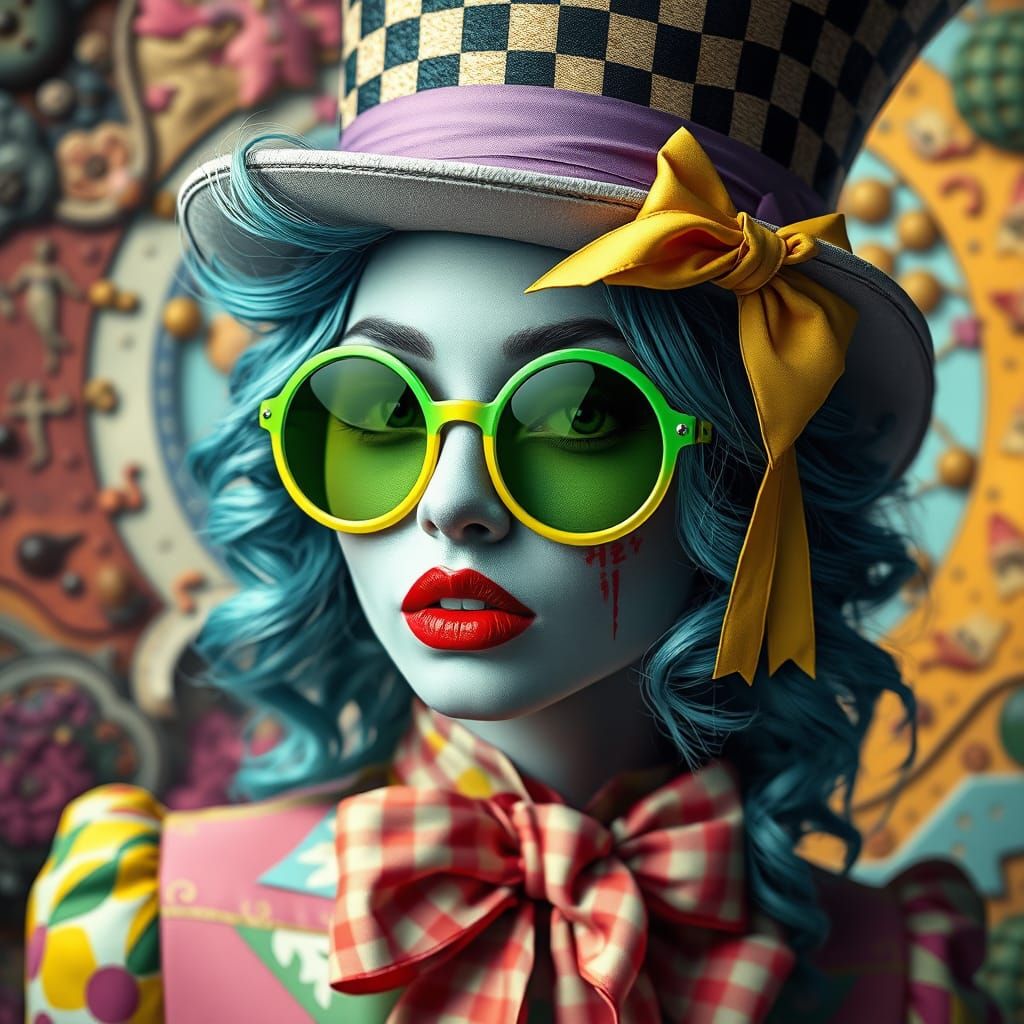 Mad Hatter Woman in Gingham and Harlequin Patterns