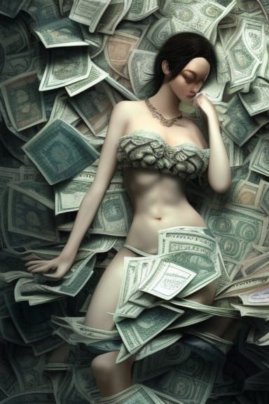 Decadent Woman Bathing in Banknotes: Ornate Digital Art