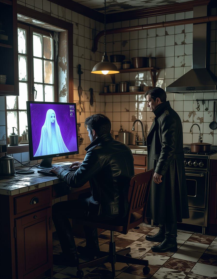 Man Mesmerized by Ghost in Computer, Dark Fantasy Style