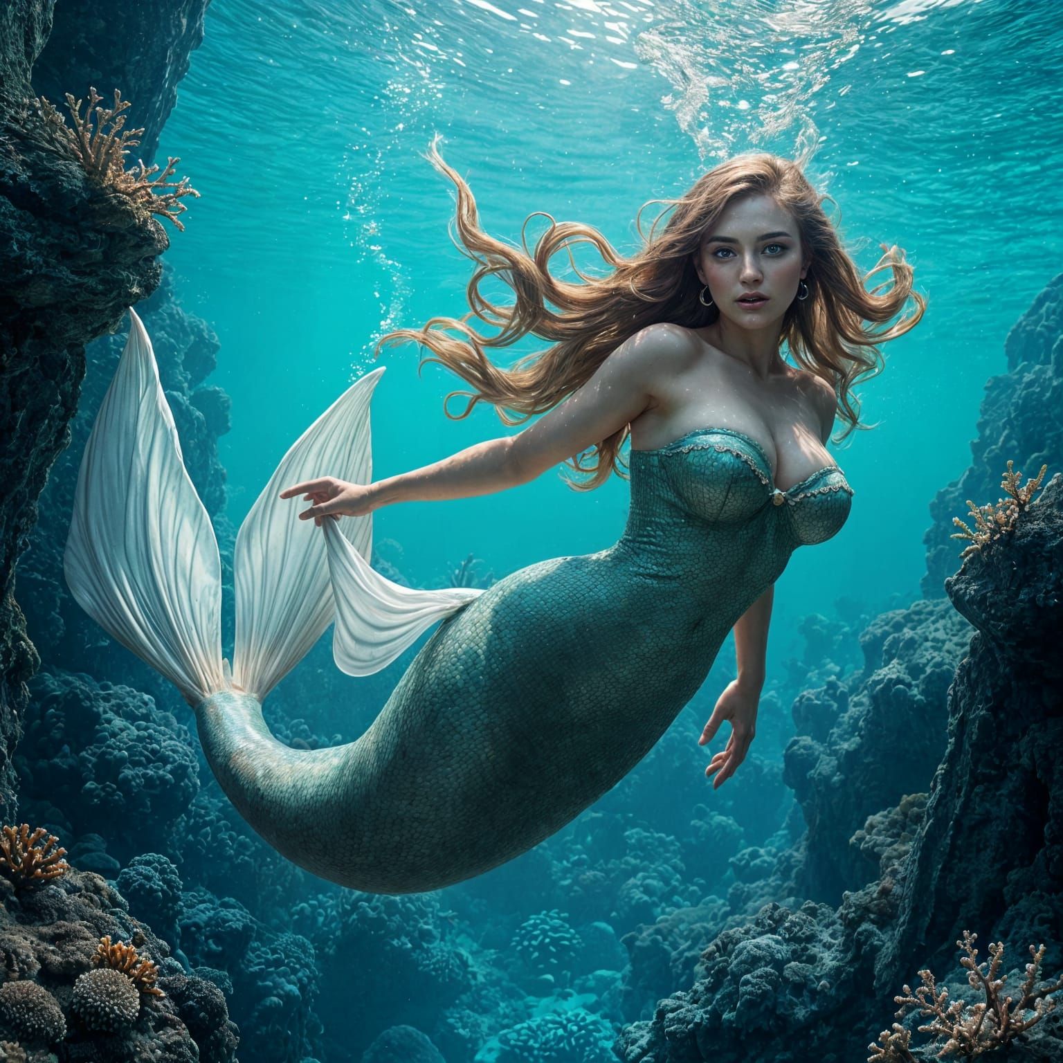 Hyperrealistic Mermaid Swimming Among Colorful Coral
