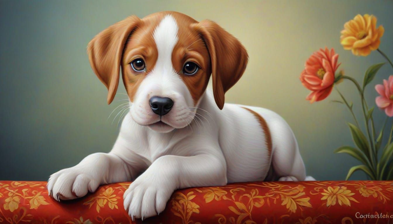 Elegant Pointer Puppy in Whimsical Fantasy Landscapes