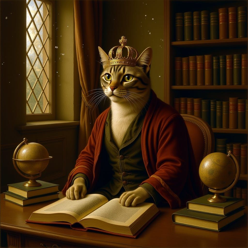 Crowned Cat in Library, Dutch Golden Age Style