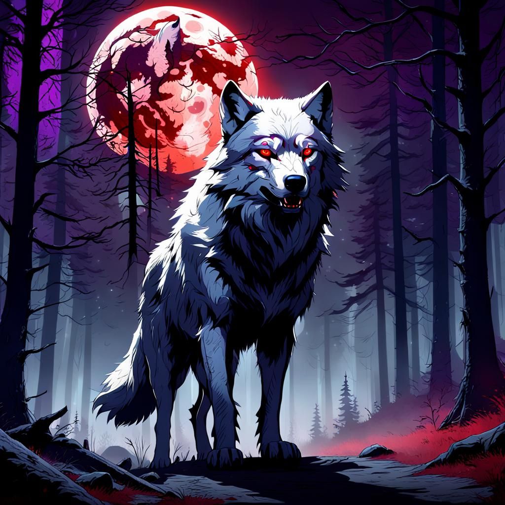 White Wolf Under Blood Moon in Dark Fantasy Art
