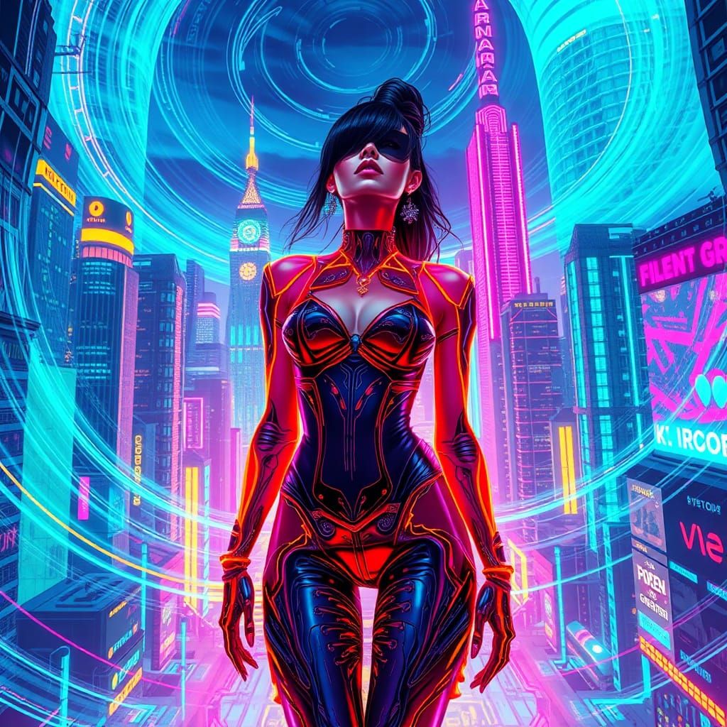 Futuristic Fashionista in Cyberpunk Cityscape