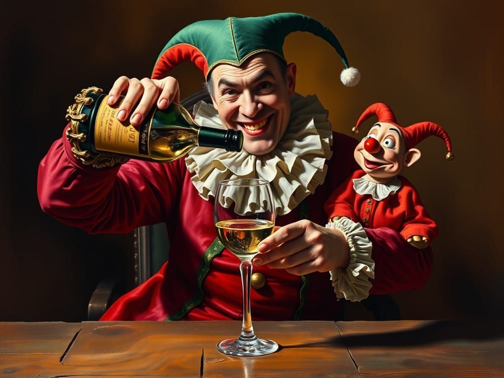 Jovial Court Jester Pours Wine in Vibrant Motley