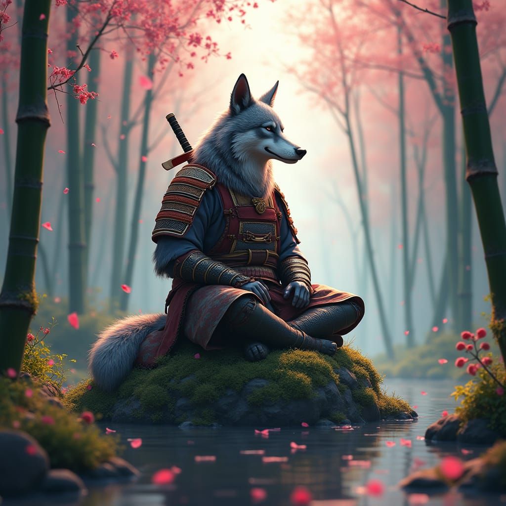 Wolf Ronin Meditating in Bamboo Forest