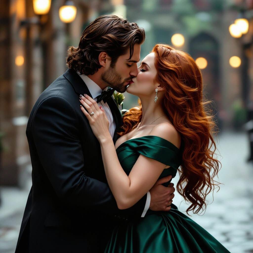 Passionate Kiss Between Redhead and Detective in Emerald Dre...